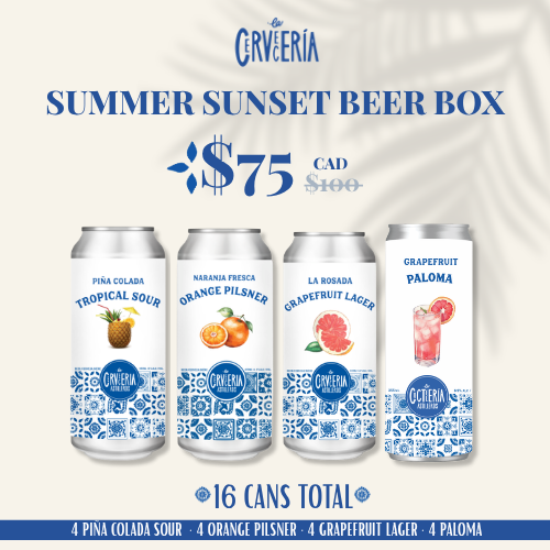 Summer Sunset Beer Box by La Cervecería with 16 cans including Piña Colada Sour, Orange Pilsner, Grapefruit Lager and Paloma