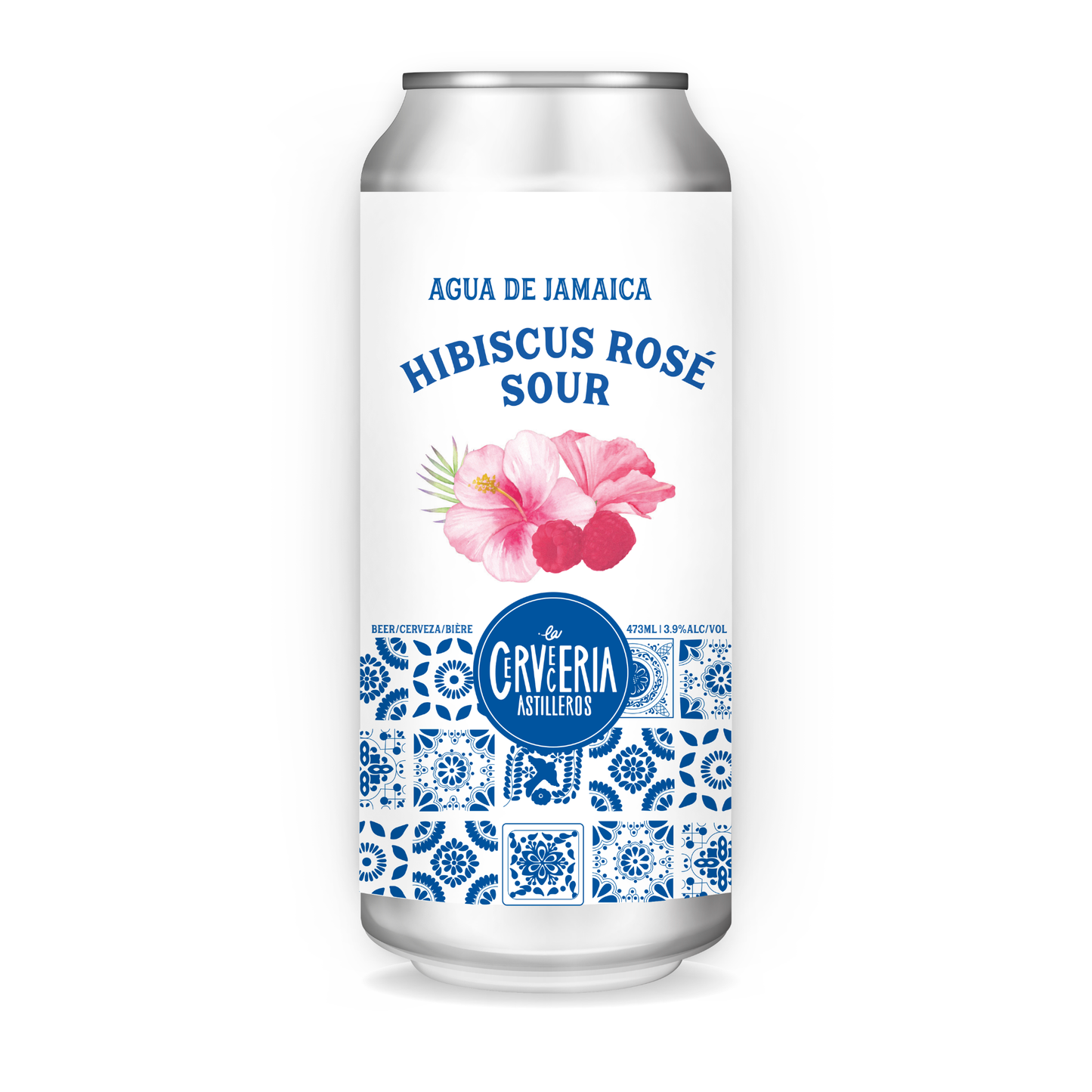 Cans of Agua de Jamaica Hibiscus Rosé Sour with floral design and brand name on a white background