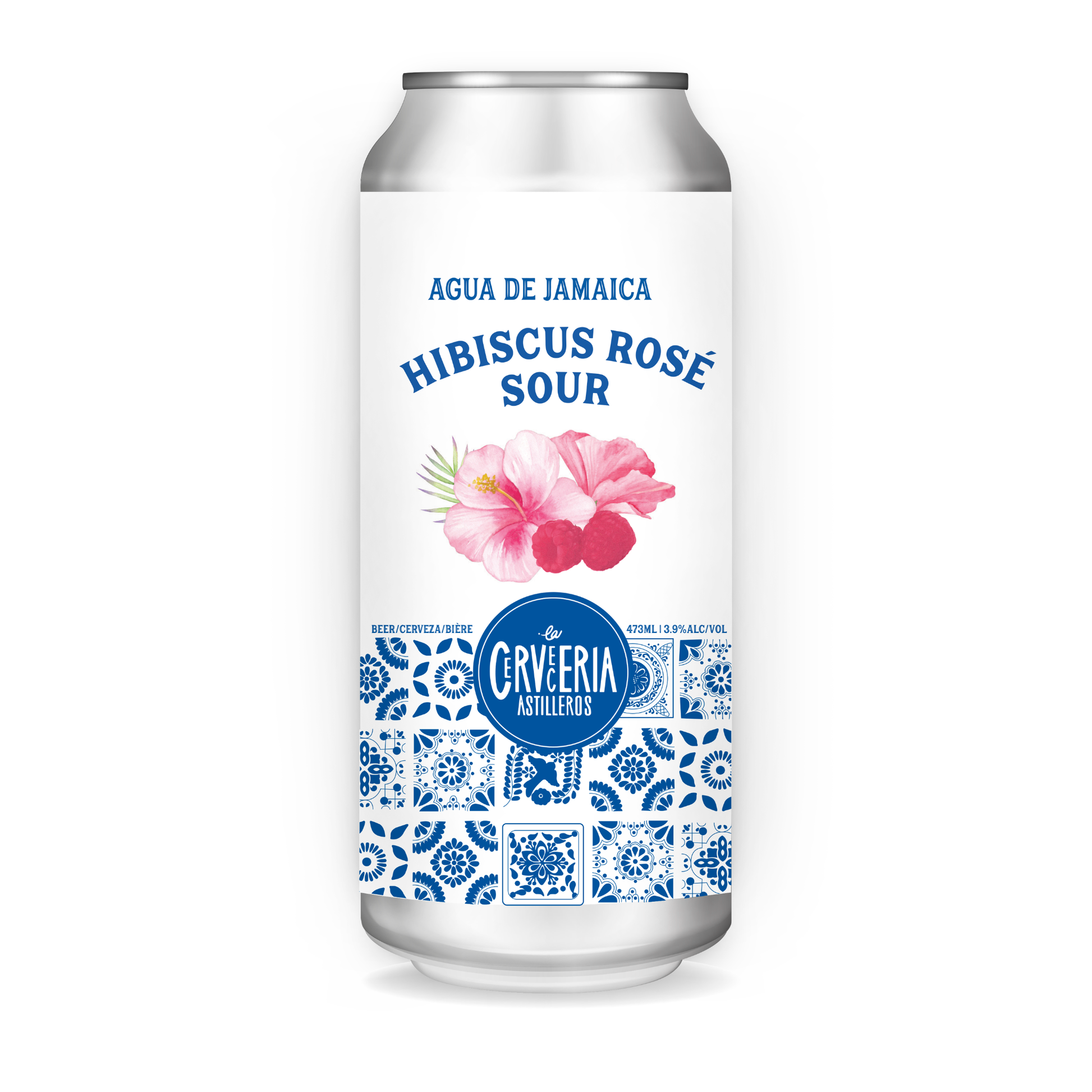 Cans of Agua de Jamaica Hibiscus Rosé Sour with floral design and brand name on a white background