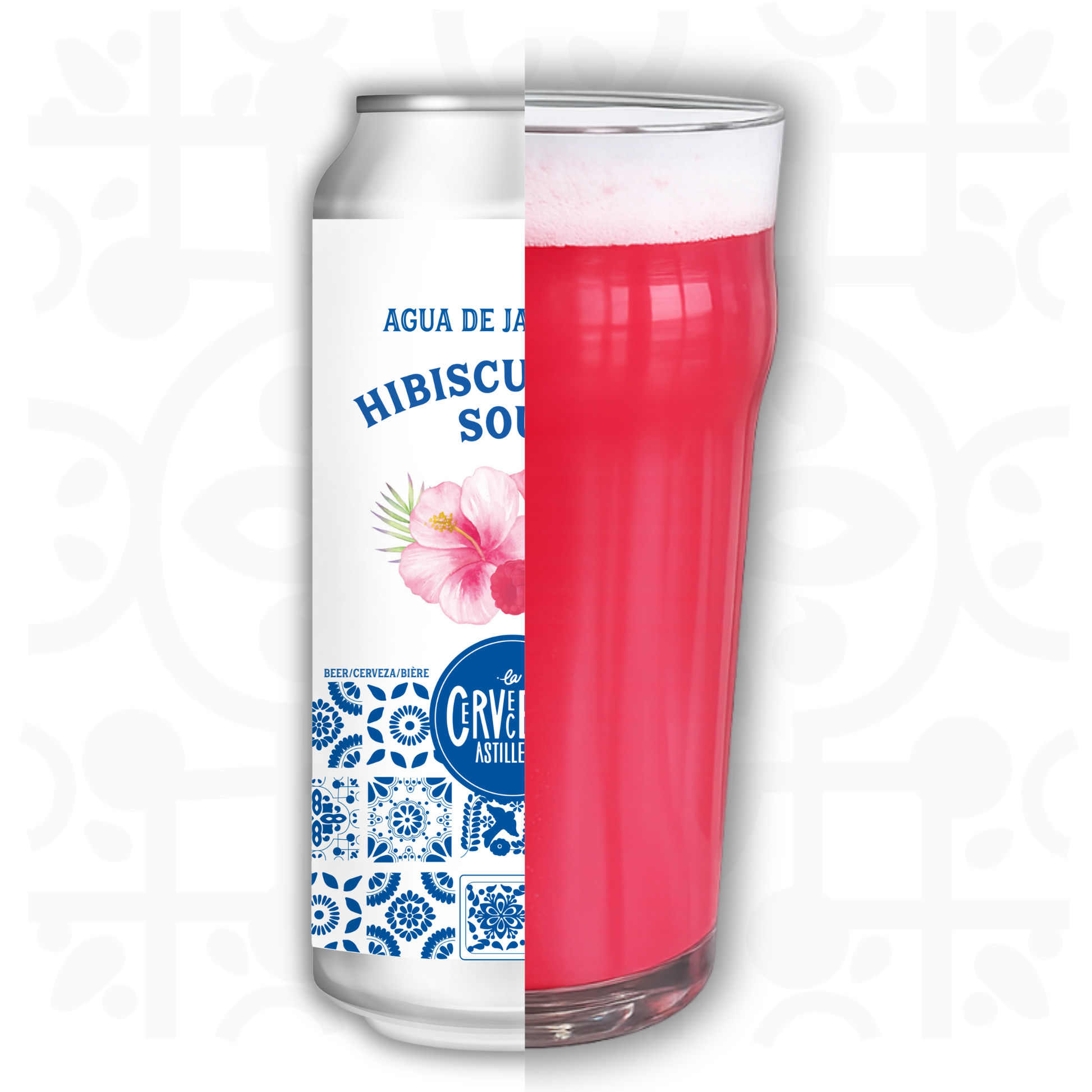 Cerveja Artesanal can with hibiscus flower design and a glass of pink beverage.