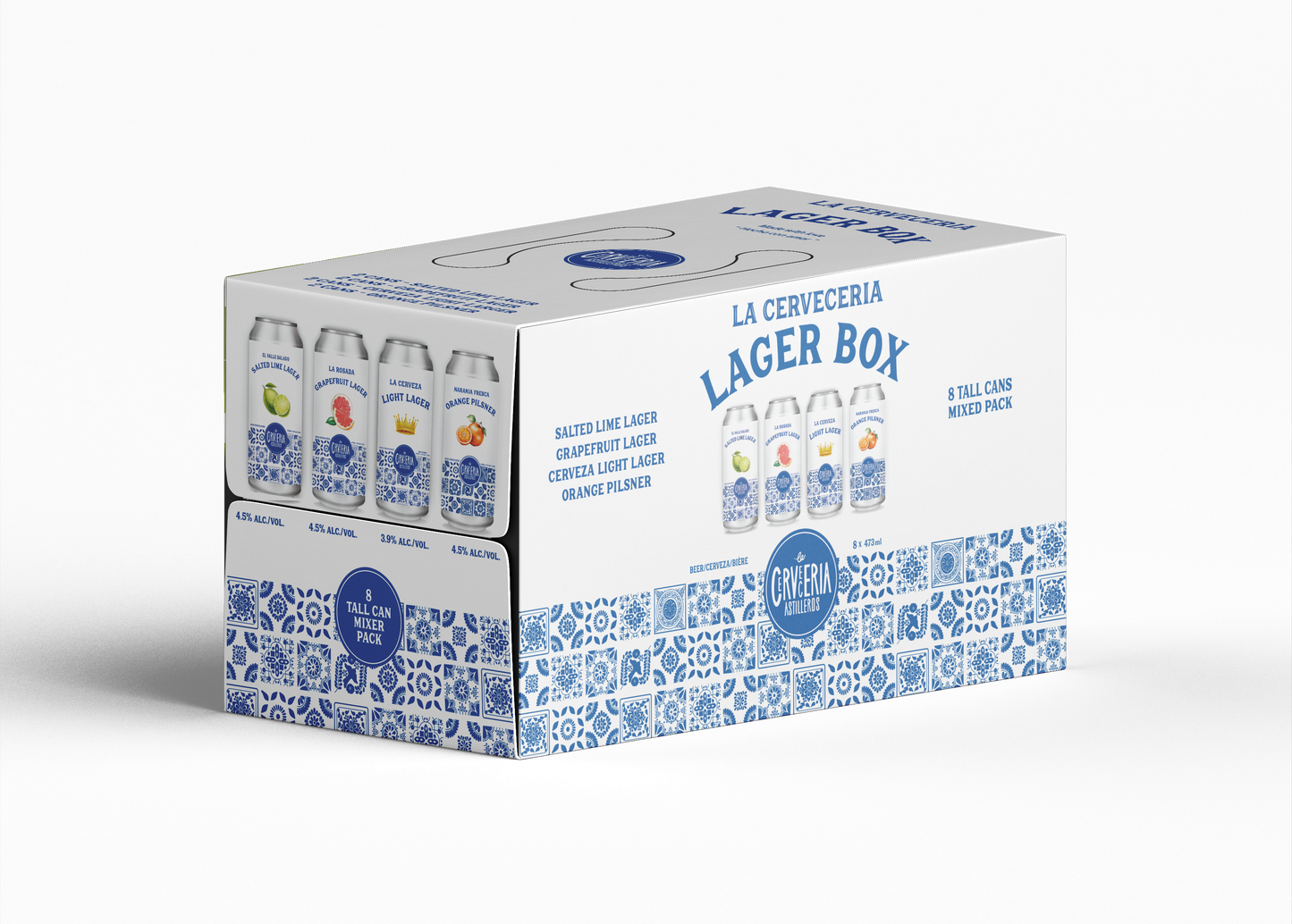 Lager variety box with 8 cans of craft beer including Salted Lime Lager, Grapefruit Lager, Orange Pilsner, and Light Lager from La Cervecería Astilleros
