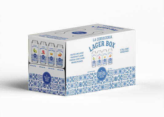 Lager variety box with 8 cans of craft beer including Salted Lime Lager, Grapefruit Lager, Orange Pilsner, and Light Lager from La Cervecería Astilleros