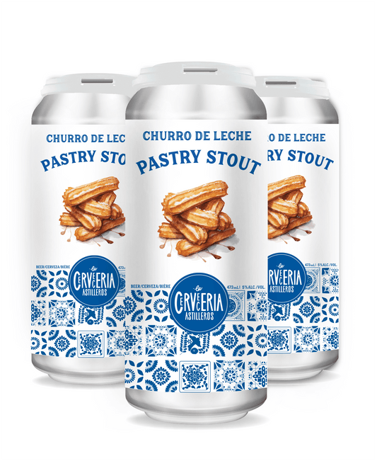 Three cans of 'Pastry Stout' with a churro illustration on a white background