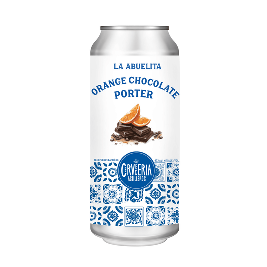 Can of La Abuelita Orange Chocolate Porter with chocolate and orange design on a white background
