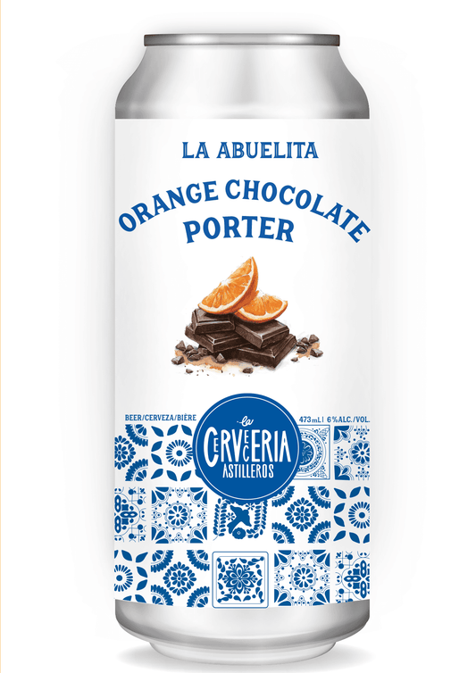 Día de los Muertos Porter beer with liquid dark chocolate, cinnamon, and orange zest, crafted by Cervecería Astilleros, dark velvety winter craft beer