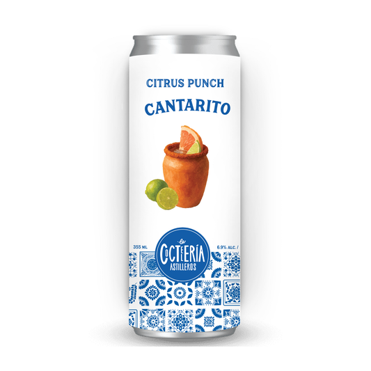 Cans of Citrus Punch Cantarito with a decorative label on a white background